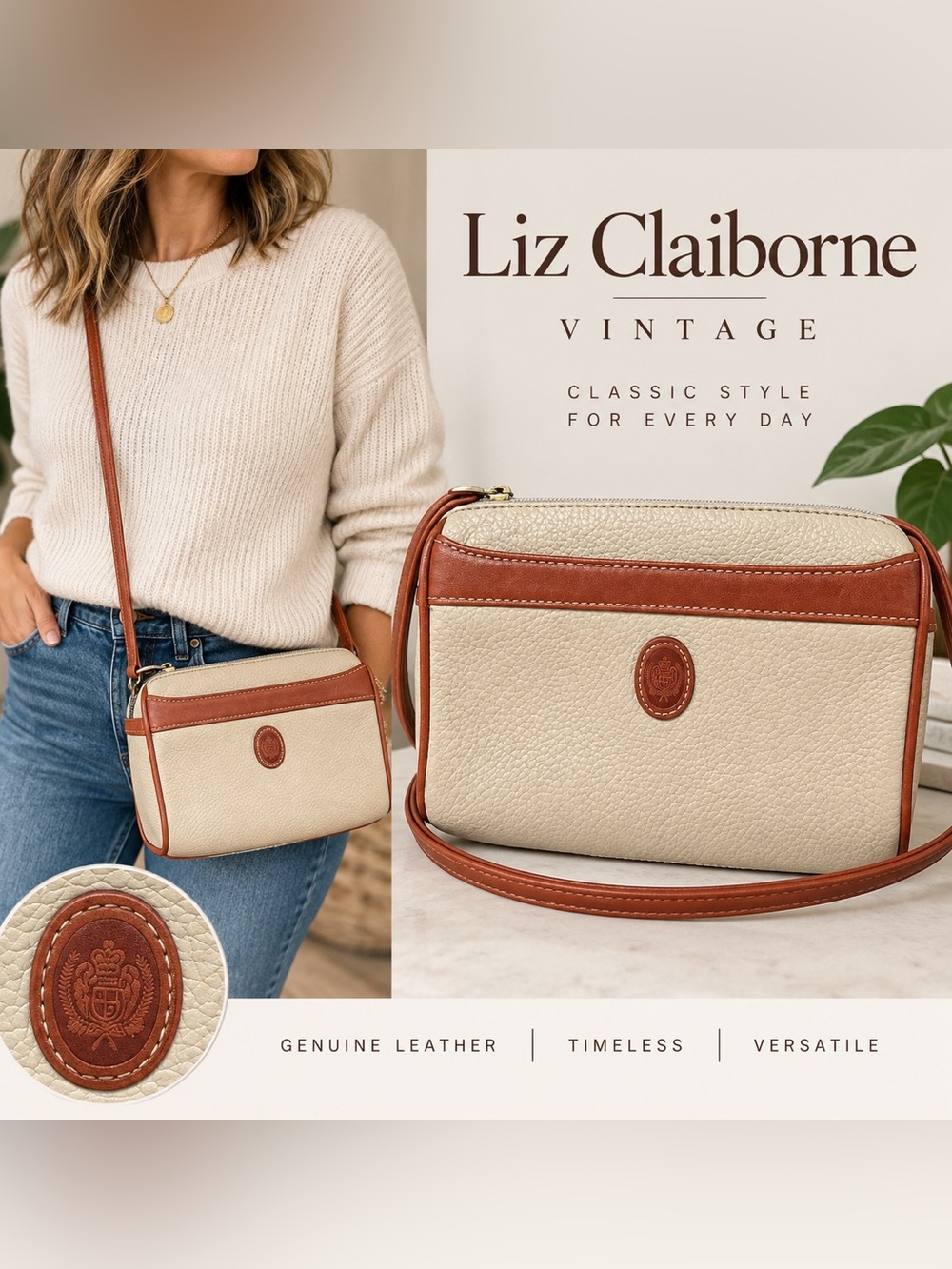 Vintage Liz Claiborne Genuine Leather Crossbody Bag Cream & Brown